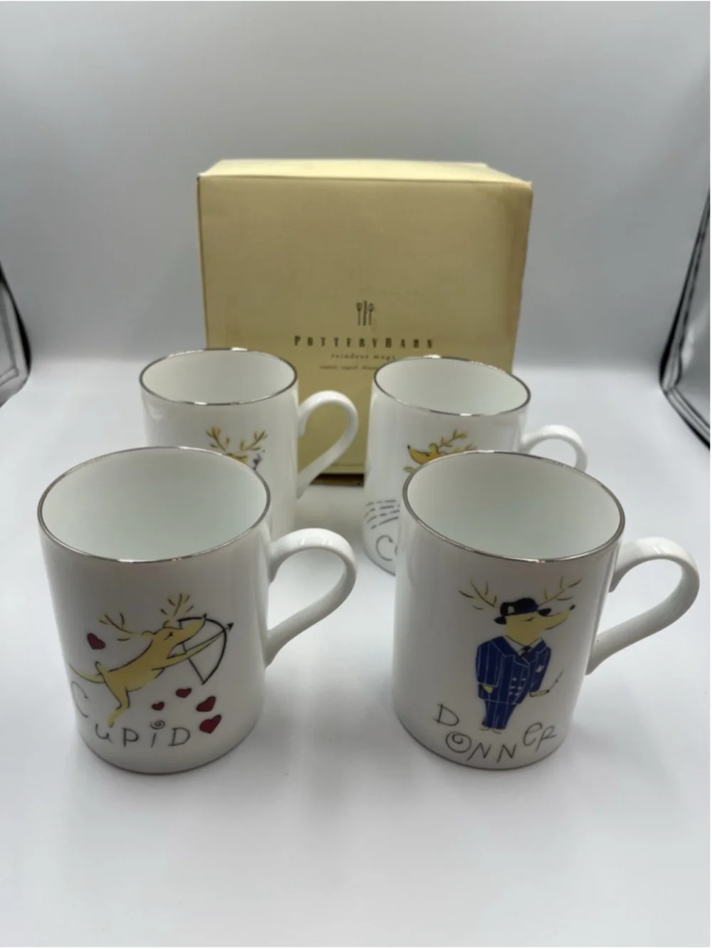 NIB Pottery Barn Reindeer Mugs, Comet, Cupid, Donner, & Blitzen Set of 4 JAPAN